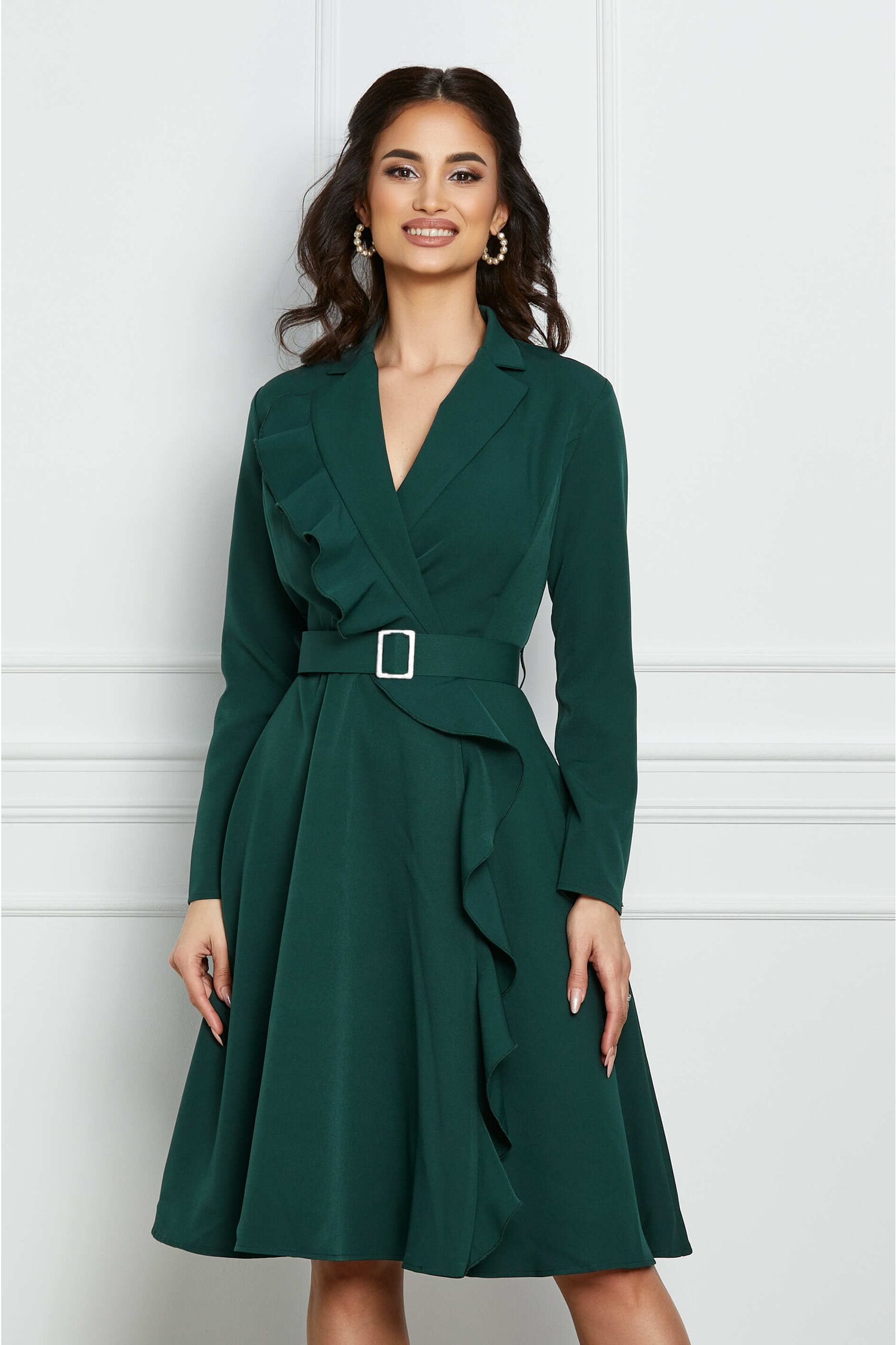 Rochie Dy Fashion verde petrecuta cu volan si curea in talie