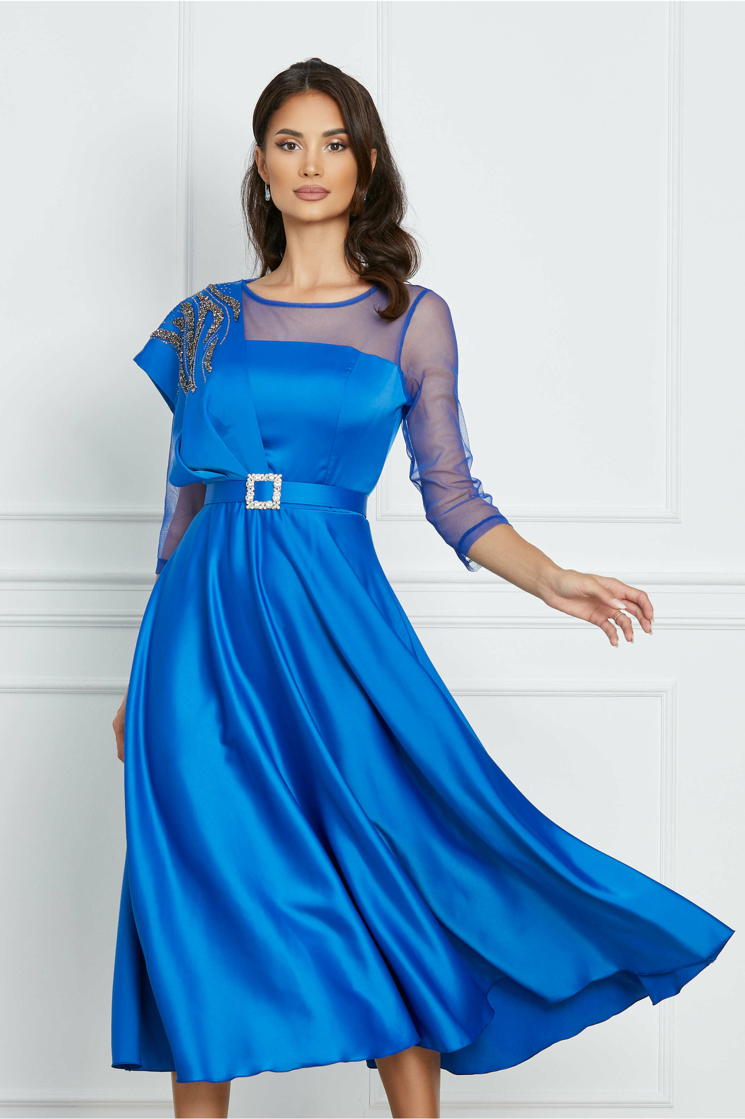 Rochie Elena albastra din satin cu strasuri si curea in talie